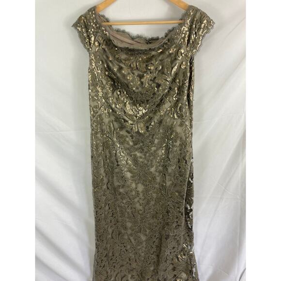 Tadashi Shoji Pailette Embroidered Lace Off Shoulder Gown - Picture 5 of 10